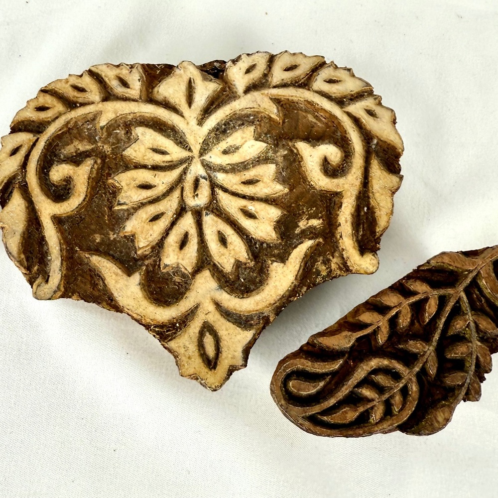 2 Vintage Stamps Wood Block Carved for Fabric Printing India Ethnic Excellent